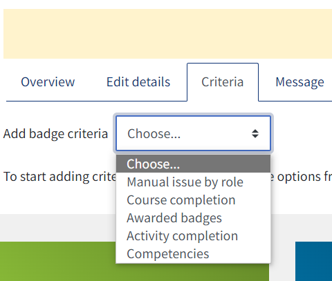 Badge criteria - drop down menu to choose between the various options