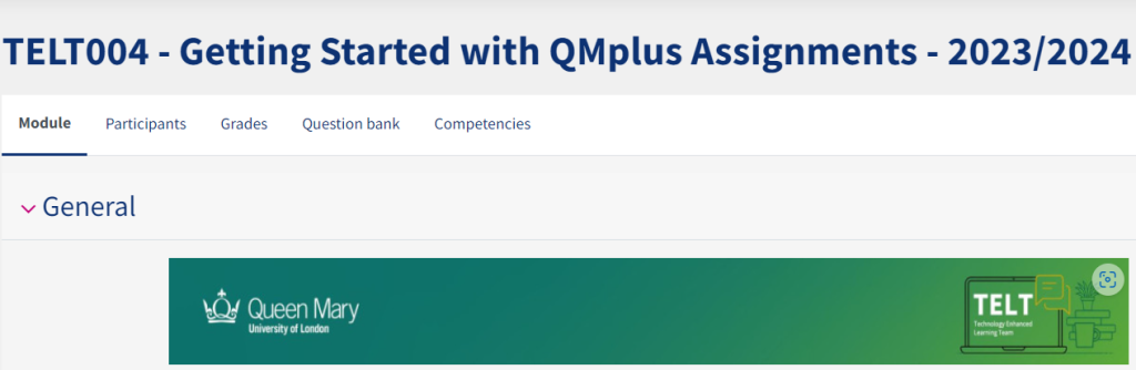 The top of the Getting started with QMplus site with the title and TELT logo