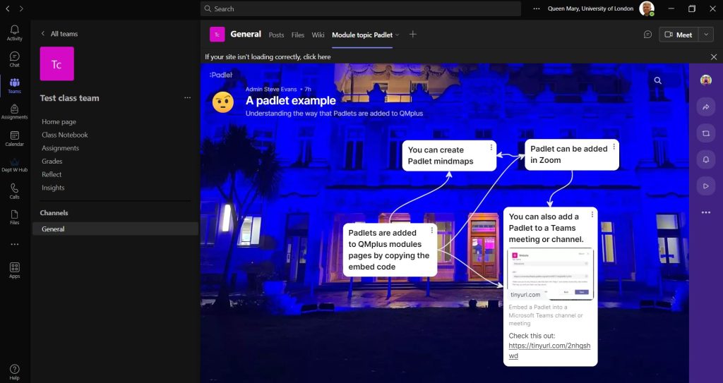 Image shows a Padlet displayed within a Teams channel.
