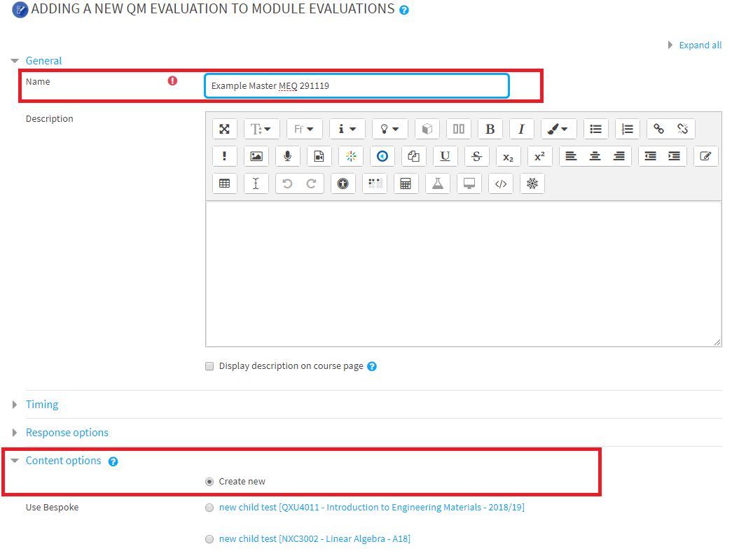 Screenshot of how to create Master Module Evaluation Questionnaire