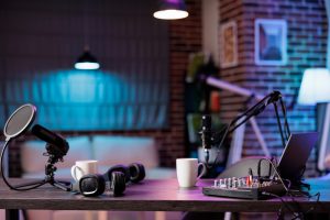 empty home production studio with professional podcast setup