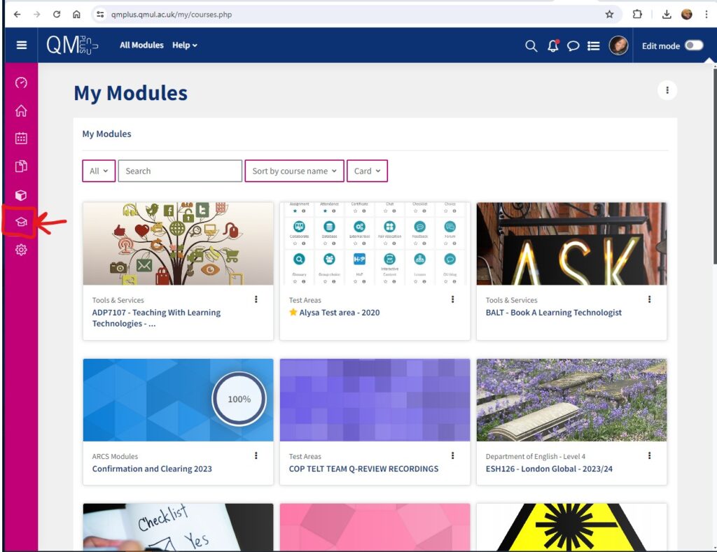 screenshot highlighting the 'my modules' section of QMplus