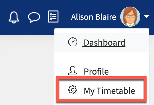 My timetable link in the user profile menu