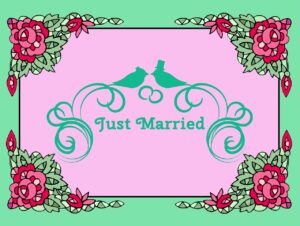 Just married announcement on card with bird icons